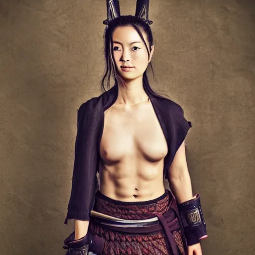 Image similar to full body portrait, thin but strong viking samurai woman, open shirt, 6 pack, symmetrical beautiful face, relaxed pose