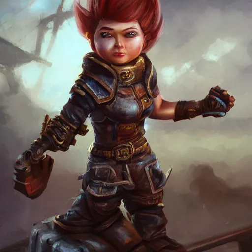 Prompt: full body portrait of a scrappy female gnome engineer with pixie undercut hair, one of her arms is a prosthetic metal thunder gauntlet, standing on a ship deck, naval background, fantasy, D&D, highly detailed, digital painting, HD, trending on ArtStation, dark fantasy, great composition, concept art, matte, sharp focus, illustration, by Greg Rutkowski