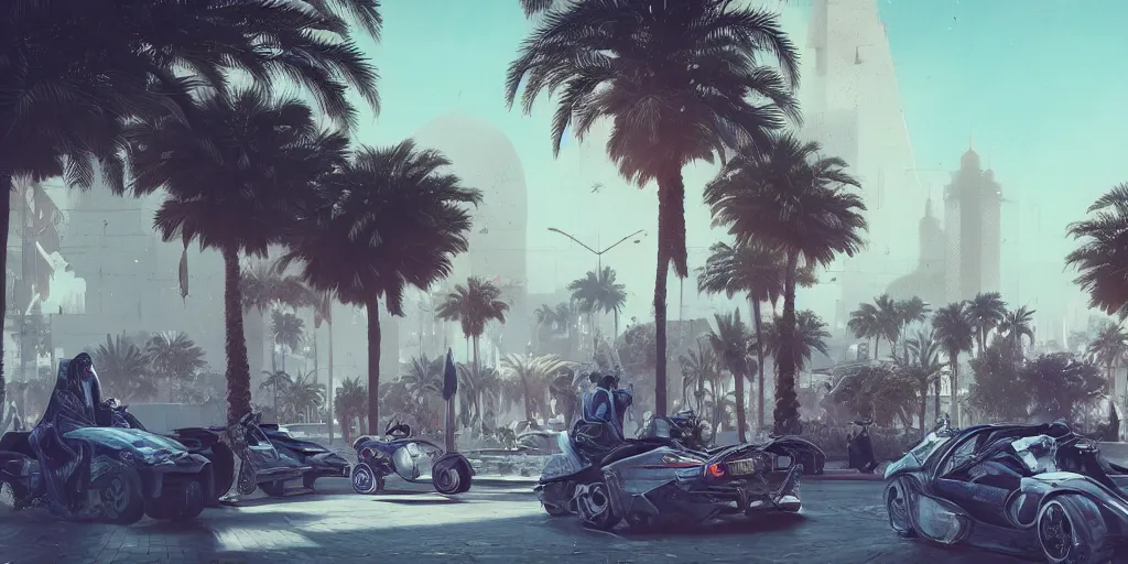 Image similar to Cyberpunk Marrakech, palm trees, Flying vehicles ,Moroccan mosque ,WLOP, James Jean, tom bagshaw, rococo, trending on artstation, fantasy, intricate, elegant, highly detailed, digital painting, concept art, smooth, illustration, cinematic lighting, hyper realism, octane render, 8k, hyper detailed.