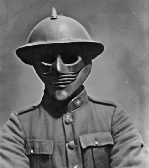 Image similar to a soldier wearing a scary mask in distance, ww1 film photo, grainy, high detail, high resolution