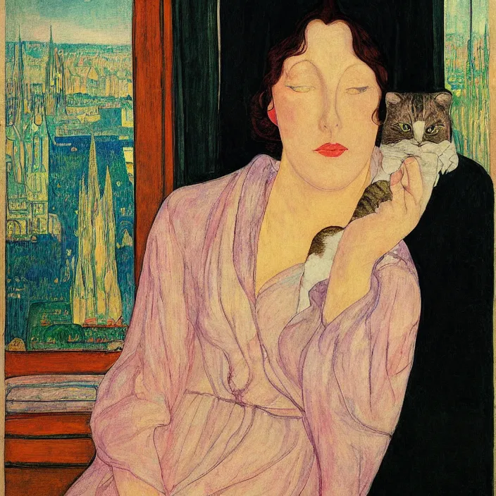 Image similar to close portrait of woman in night gown with cat and aloe vera, with city with gothic cathedral seen from a window frame with curtains. sun through the clouds, vivid iridescent colors. agnes pelton, egon schiele, henri de toulouse - lautrec, utamaro, monet