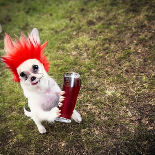 Prompt: a small dog with a red mohawk drinking beer, stock photo