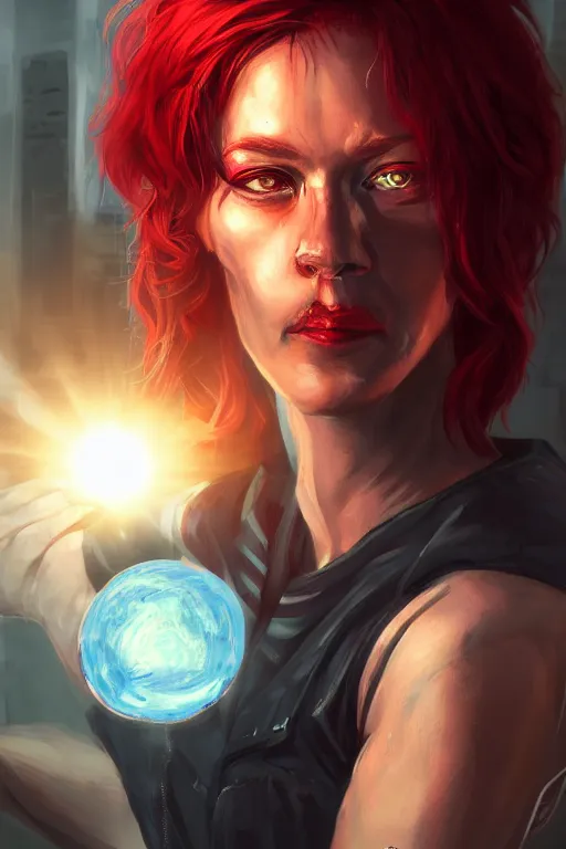 Prompt: portrait of a cyberpunk woman eating a small sun that is glowing, implants, red hair, cocept art, artststation, beautiful