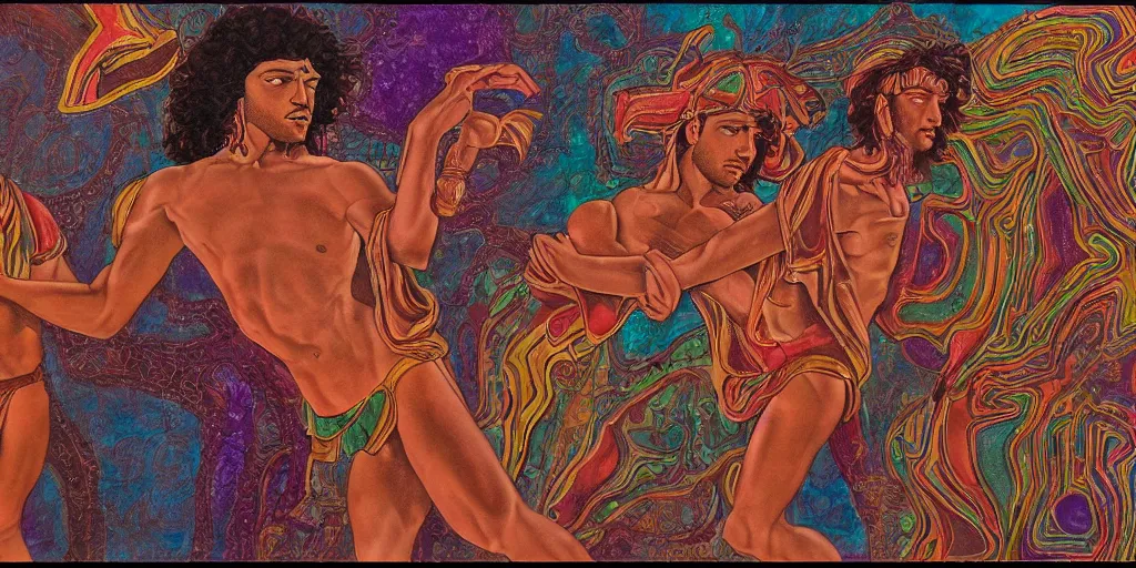 Image similar to an abstract spiritual background, a gay greek god dancing, clear eyes. 2 4 mm, photorealistic, muted color scheme, directed by mati klarwein