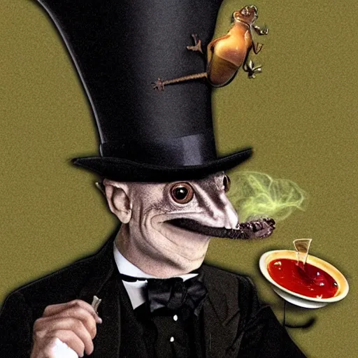 Prompt: Photo of a gecko in a top hat smoking a cigar, holding a martini