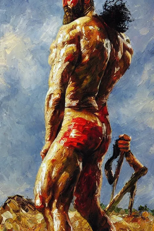 Image similar to highly detailed palette knife oil painting of a historically accurate depiction of the ancient biblical philistine giant warrior Goliath of Gath, fierce, menacing, by Peter Lindbergh, impressionistic brush strokes, painterly brushwork