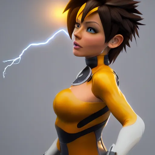 Prompt: tracer in a skintight dress, octane render, rendered in octane, highly detailed, unreal engine 5, rendered by octane engine, cgsociety, trending on artstation, cinematic lightning, volumetric lightning, highly detailed - s 1 5 0