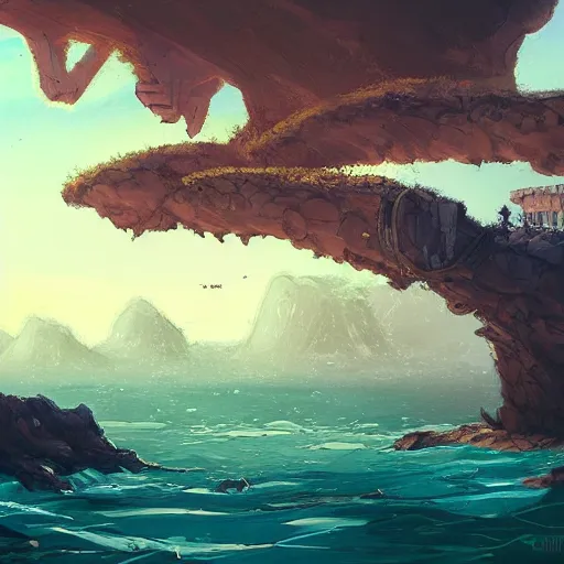 Image similar to digital 2 d, traditional paint, mixed media, concept art, illustration, environmental concept art & design, ruins, coast, ocean, sea, beach, remains, greek, pillars, vagrants, forest of liars, twilight, clouds, sky, coastline, sylvain sarrailh, concept art for forest of liars