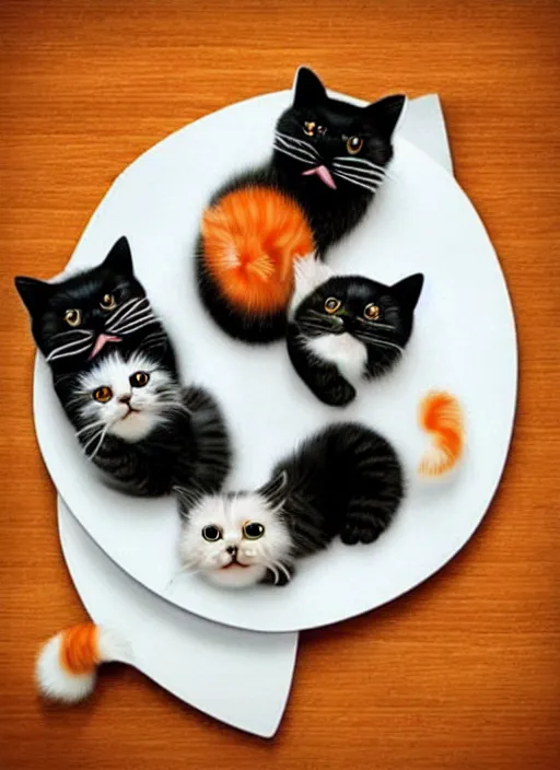 Image similar to clear photorealistic picture of adorable cats made out of sushi