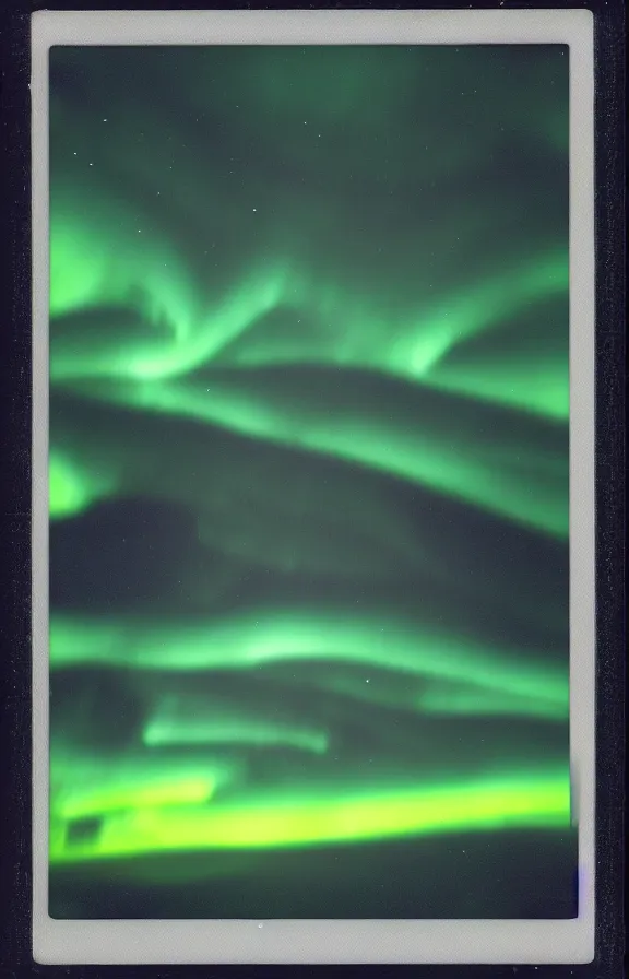 Prompt: polaroid photo of a UFO encounter in the artic, aurora borealis, HD scan,