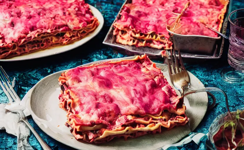 Image similar to pink lasagna, food photography, outdoors