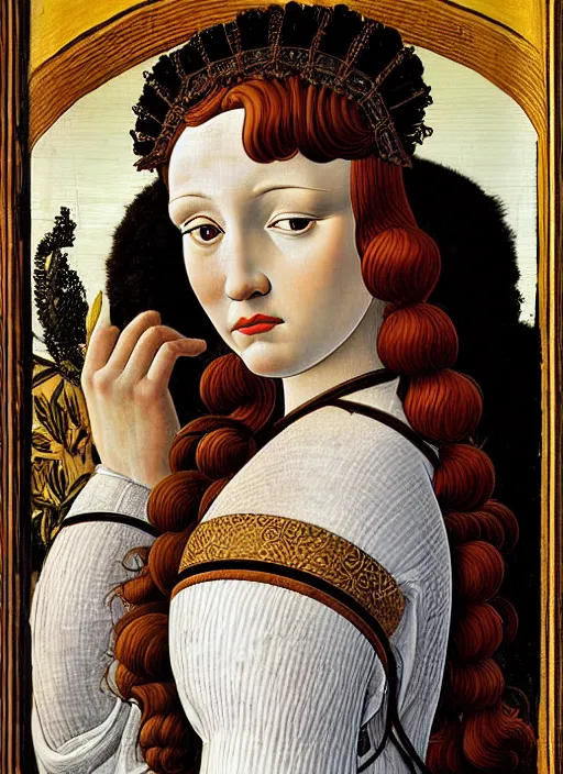 Image similar to portrait of young woman in renaissance dress and renaissance headdress, art by sandro botticelli