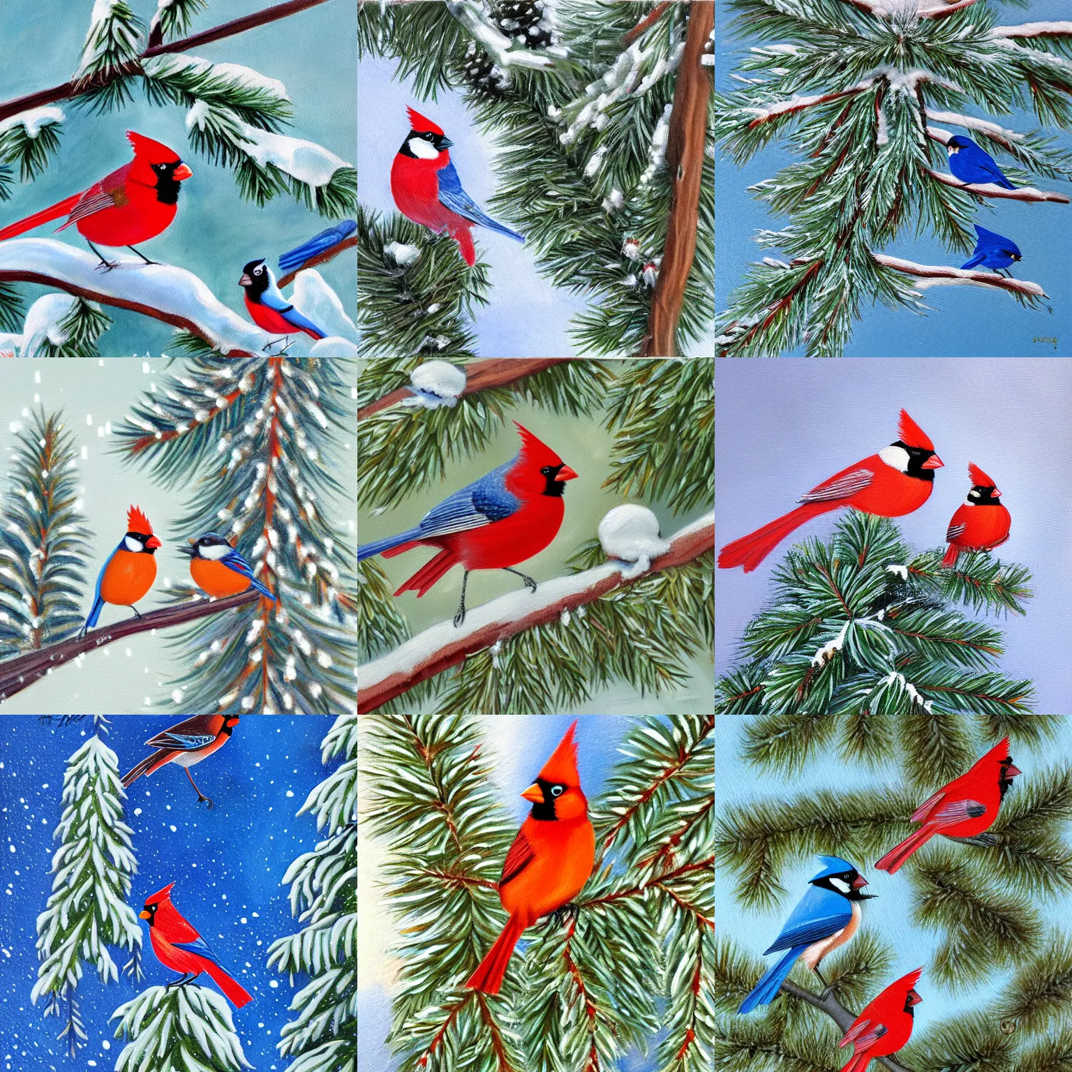 Prompt: a painting of a cardinal, a bluejay and a chickadee, on a snowy pine tree branch