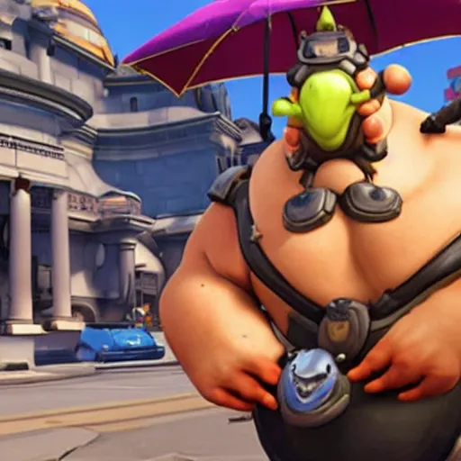 Image similar to Roadhog from Activision Blizzard’s Overwatch video game eats at McDonald’s with Obama