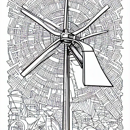 Image similar to Simplistic coloring book of a wind turbine blueprint, black ball pen on white paper, by Josan Gonzalez and Geof Darrow