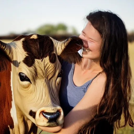 Prompt: a photo of young woman with cow's face