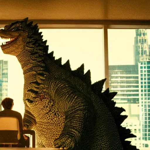 Prompt: godzilla has a job interview, still from a movie by wes anderson, cinematic, hyperreal, eerie, wide angle, insanely detailed, god rays, 3 5 mm