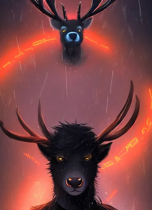 Image similar to award winning beautiful portrait commission of a male furry anthro Black Reindeer fursona with a tail, wings and a cute beautiful attractive detailed furry face wearing stylish black and orange cyberpunk clothes in a cyberpunk city at night while it rains. Character design by charlie bowater, ross tran, artgerm, and makoto shinkai, detailed, inked, western comic book art