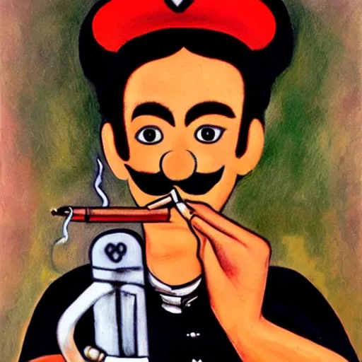 Prompt: mario smoking a cigarette painted by frida khalo