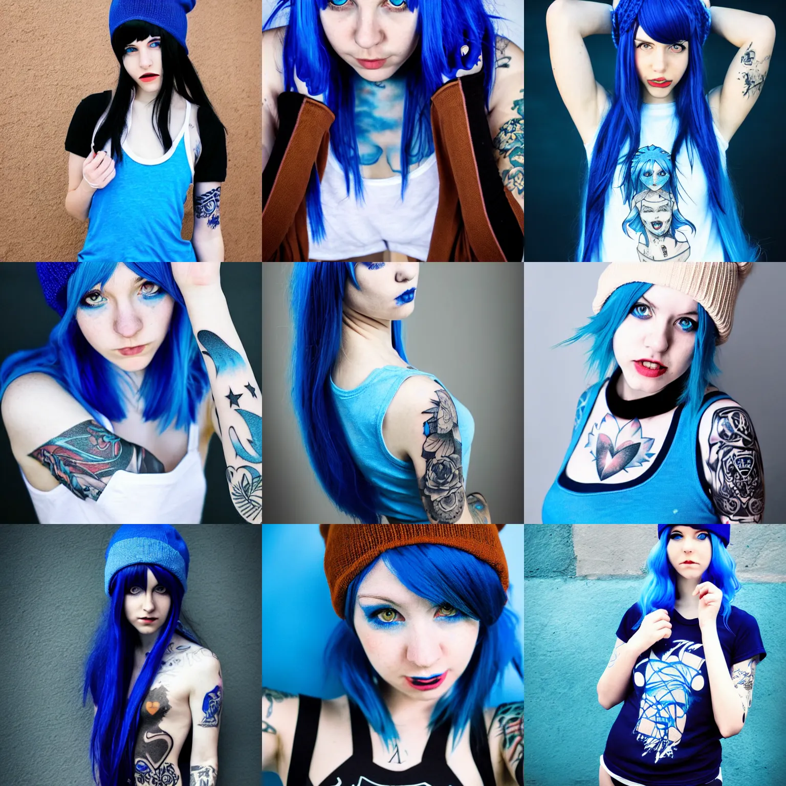 Prompt: beautiful blue haired girl cosplay , teen , dark blue beanie , white top , partly! blue and brown hair , clean perfect symmetrical face , light tan , tattoo sleeve on her right arm , punk-rocker , white! tank top with a print , 4k , digital art , illustration , photorealistic , solo photoshoot , wallpaper , DSLR , style of Jordan Grimmer and greg rutkowski , live-action movie