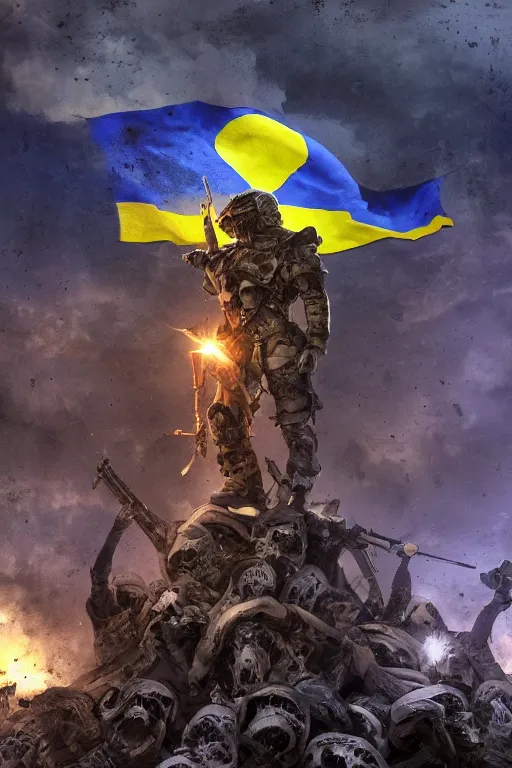 Prompt: A distant view front shot of the last soldier with a Ukrainian flag behind him while he is standing on a huge pile of skulls in triumph after the battle, head is up, flag in hands, dark atmosphere, bright rays of light from the sky, beams of light, intricate, volumetric lighting, neon blue and yellow lights, highly detailed, smooth, artstation, concept art, сinematic lighting, insanely detailed, smooth, sharp focus, Artstation, 8k, unreal engine, hyper-realistic, bright background, moonlight, volumetric lighting, wallpaper, digital illustration by Ruan Jia and Mandy Jurgens and Artgerm and Wayne Barlowe and Greg Rutkowski and Frank Frazetta