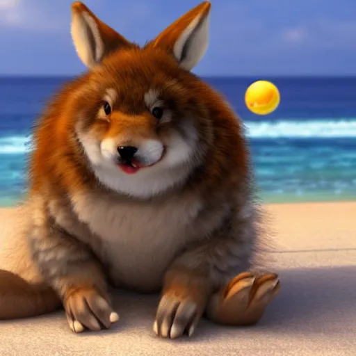 Image similar to a photorealistic adorable fierce furry monster with long fur long floppy rabbit ears chubby body and wolf body and wolf legs with thick stubby claws, Smiling at the camera with a mischievous grin, happy lighting, at a tropical beach