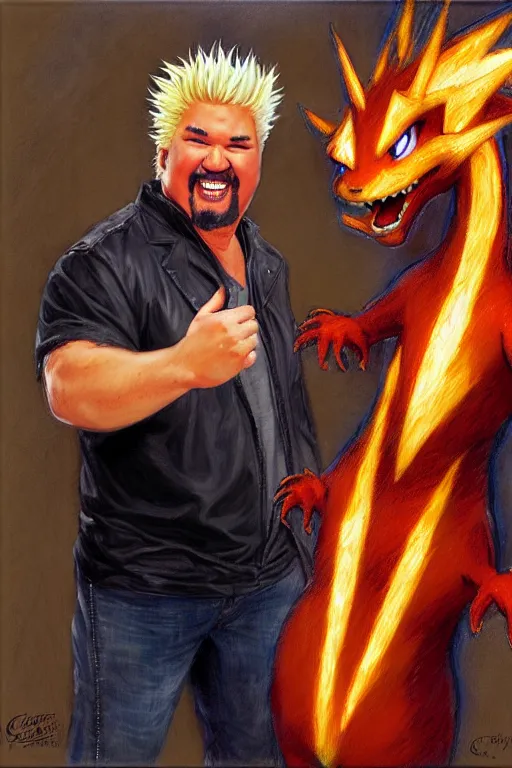 Image similar to guy fieri with a charizard painting by gaston bussiere, craig mullins