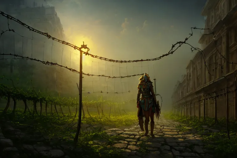 Image similar to a walking ancient city mounted on mechanical legs, vines, pilar, hyperrealistic, highly detailed, cinematic, single ray of sun, fog, beautiful, cgssociety, artstation, 8 k, oil painting