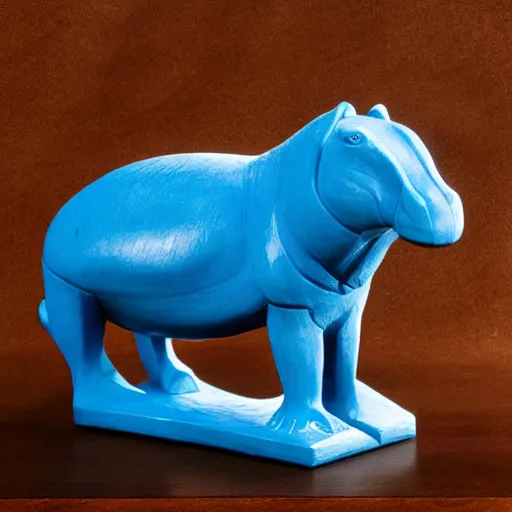 Image similar to a small smooth hippo statue carved from natural wood, dipped in polished blue ceramic, half and half, mixed media, side view