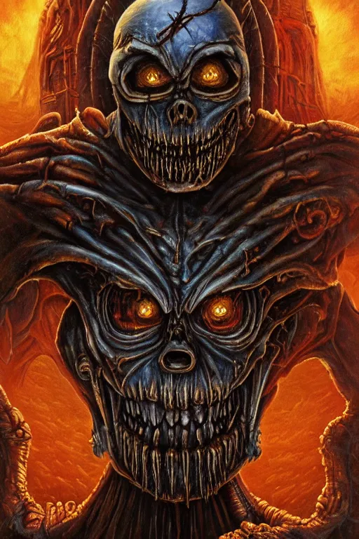 Prompt: sinister iron maiden eddie portrait, doom, sf, intricate artwork masterpiece, ominous, matte painting movie poster, golden ratio, trending on cgsociety, intricate, epic, trending on artstation, by artgerm, h. r. giger and beksinski, highly detailed, vibrant, production cinematic character render, ultra high quality model