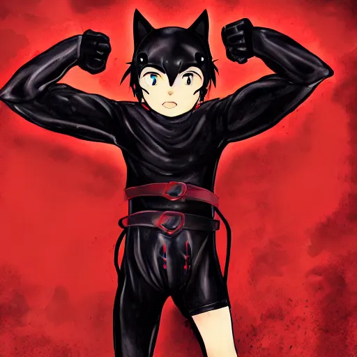 Image similar to little boy with cat ears in an black latex suit with red cape. digital artwork made by lois van baarle and kentaro miura, sharpness focus, inspired by hirohiko araki, anatomically correct, heroic composition, hero pose, mobile wallpaper