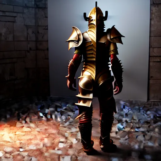 Image similar to dragonborn armor being left off on a wardrobe, photorealistic 3 d octane render, unreal engine