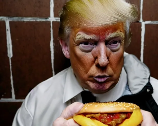 Image similar to Reuters Photograph of Donald Trump in jail cell, eating a cheeseburger, uhd, 8k, wide angle lense, fisheye.