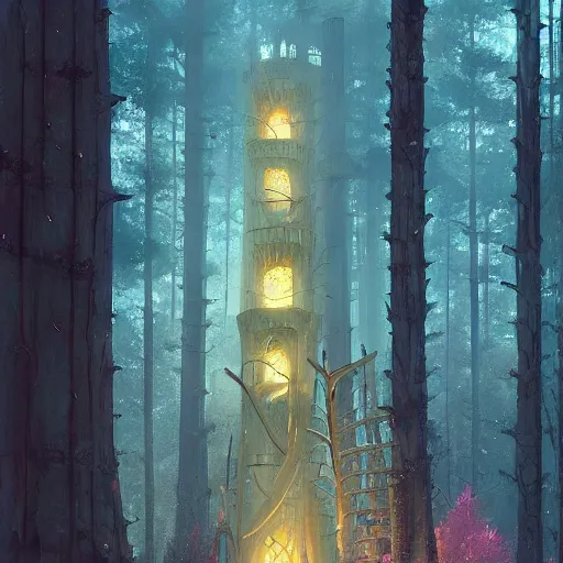 Image similar to a magical tower in the middle of the woods, magical forest, by Jordan Grimmer and greg rutkowski, crisp lines and color,