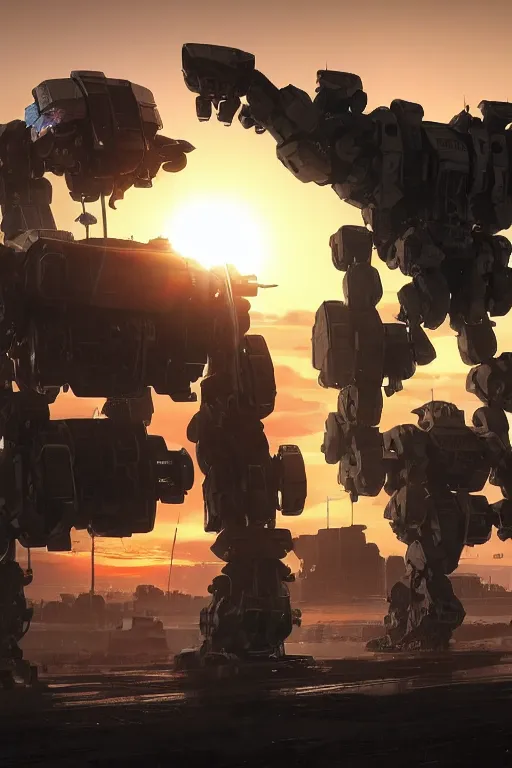 Image similar to A real photo of a giant mechwarrior robot and the sunset in the distance, by Josan Gonzalez, Yoji Shinkawa and Geof Darrow, highly detailed, Unreal Engine Render, 3D, 8k wallpaper