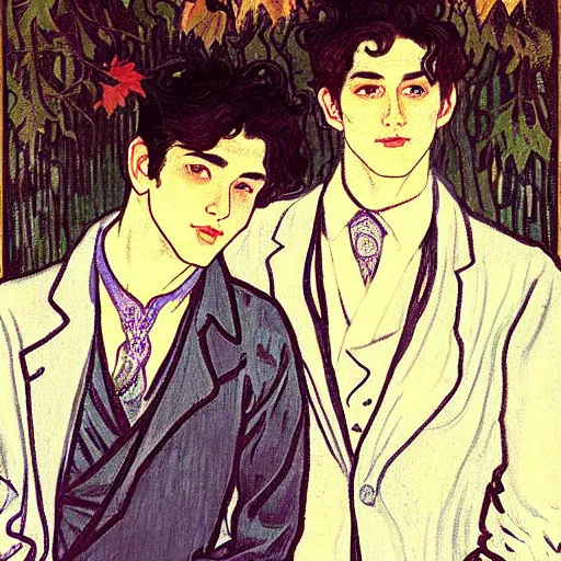 Prompt: painting of young cute handsome beautiful dark medium wavy hair man in his 2 0 s named shadow taehyung and cute handsome beautiful min - jun together at the graveyard party, ghostly, haunted graveyard, ghosts, autumn! colors, elegant, wearing suits!, clothes!, delicate facial features, art by alphonse mucha, vincent van gogh, egon schiele