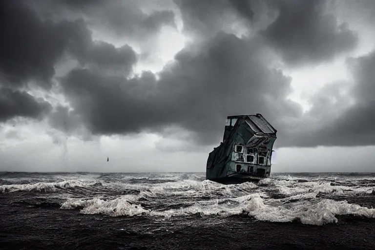 Image similar to danila tkachenko, low key lighting, a ship wreck near an abandoned high soviet apartment building in the middle of the stormy ocean, storm, lighning storm, crashing waves, dramatic lighting