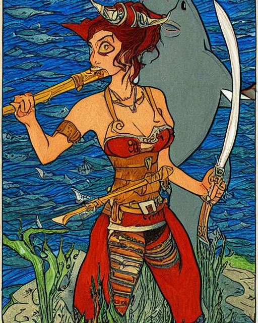 Image similar to a shark pirate queen with melee weapons by ivan bilibin