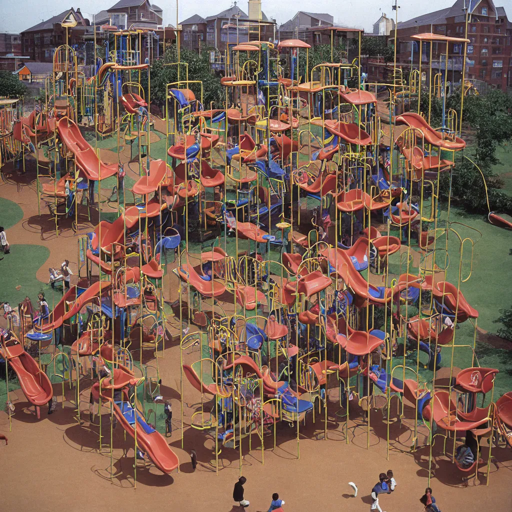 Image similar to full - color closeup 1 9 7 0 s photo of a large complex very - dense very - tall many - level playground in a crowded schoolyard. the playground is made of dark - brown wooden planks, and black rubber tires. it has many spiral staircases, high bridges, ramps, and tall towers.