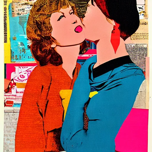 Prompt: two women kissing at a carnival, mixed media collage from 7 0 s, retro, lowfi, magazine collage