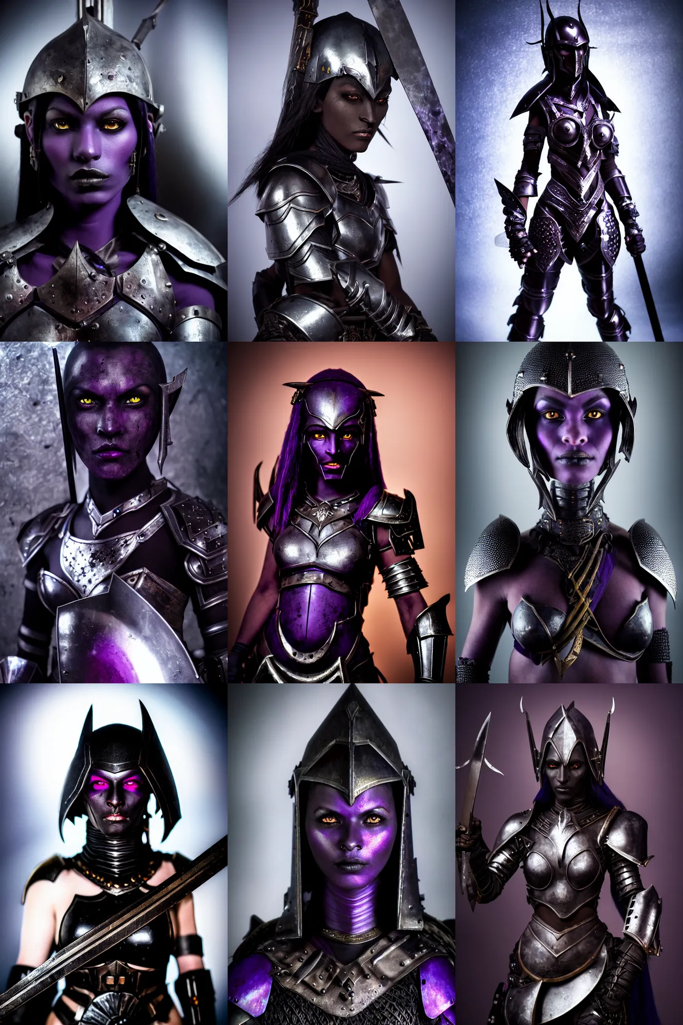 Prompt: an ultra high definition real life head shot photograph of female dark elf with dark black purple skin covered in metal armour and holding sword in an underground cave with props and clutter. close up. three point lighting. volumetric. refraction. extremely detailed. soft focus. ambient light sources. haze artefacts, light glare, art directed. filmic. stark.