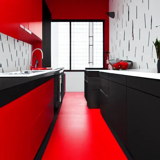 Prompt: photo of black, matte kitchen fronts surfaces and furniture, red walls at the back, white floor tiles on the ground, architecture, concept art