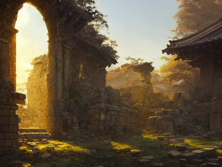 Prompt: ancient city ruins, ⛩, oil painting, 8 k, beautiful, vine, golden light, highly detailed, smoothly, artstation, cinematic, by wlop, by greg rutkowski, by artgerm