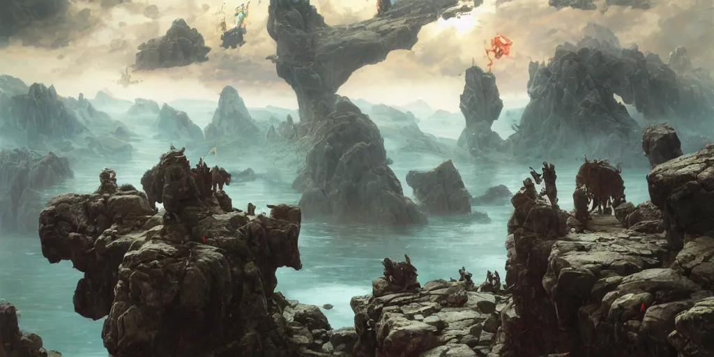 Image similar to barbarians, norse gods, fighting epic battle on rocks floating in the sky, celestial fortress in the clouds, thunder, good composition, artstation, 4 k illustration sharp focus cloceup sunlit painted by ruan jia raymond swanland lawrence alma tadema zdzislaw beksinski norman rockwell tom lovell alex malveda greg staples