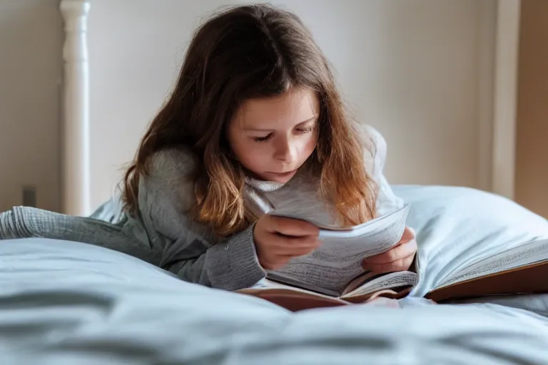 Prompt: a girl reading a book on her bedroom