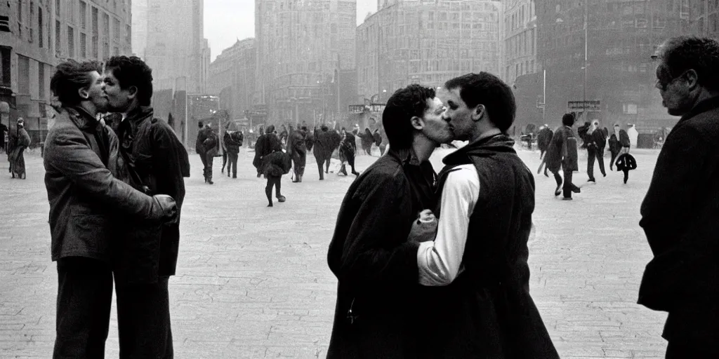 Image similar to street photo, couple of man and woman kiss on the background of the war, film photography, exposed b & w photography, christopher morris photography, bruce davidson photography, peter marlow photography