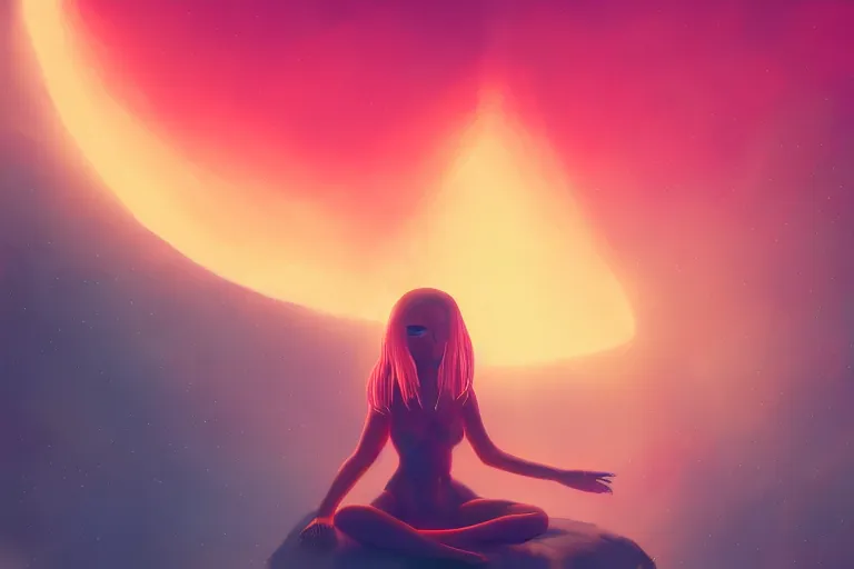 Image similar to a cute alien girl sitting on a cloud relaxing, misty, glows, digital painting, hazy, foggy, red lighting, ambient lighting, 8 k, neon, synthwave, cyberpunk,