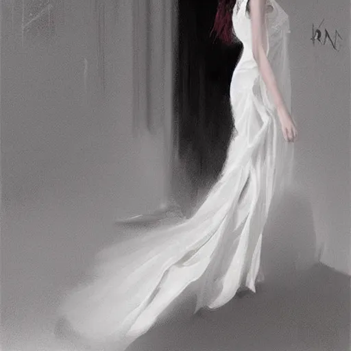 Image similar to A girl wearing a white dress and a black veil, hugging herself in a corner of a dark room hiding from demons by Greg Rutkowski, realism, trending on Artstation