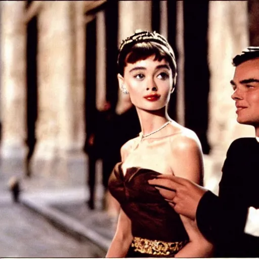 Image similar to Leonardo DiCaprio and Audrey Hepburn in Roman Holiday, movie still