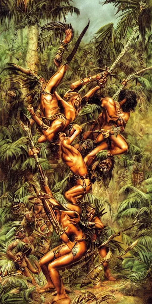 Image similar to battle in jungle, brutal aztec and Amazonian fight, epic, vintage, blood, slight inspiration of Boris vallejo and apocalypto, war photography